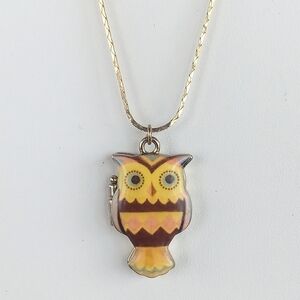 Vintage Owl Locket Necklace Enamel Hinged Pendant Retro.